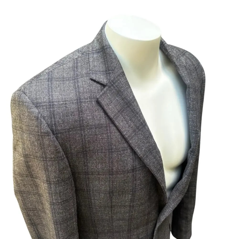 Jos A Bank Sport Coat Sz 42 Long Gray Windowpane Wool Silk Linen Single Breasted